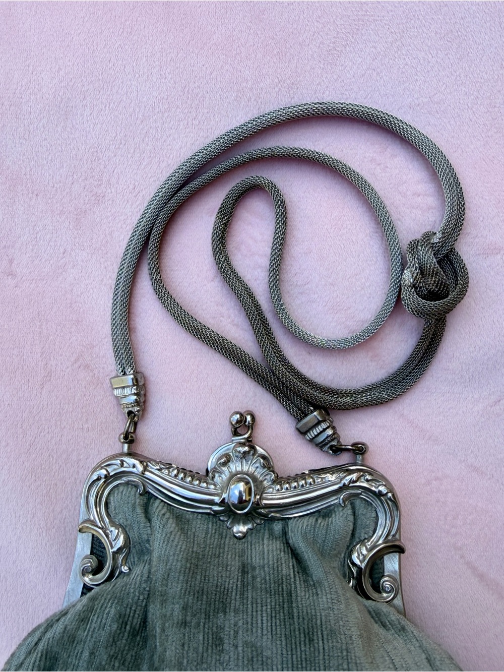 Vintage Rosenfeld Sage Gray Velvet Evening Bag, Ornate Silver Kiss Lock Frame